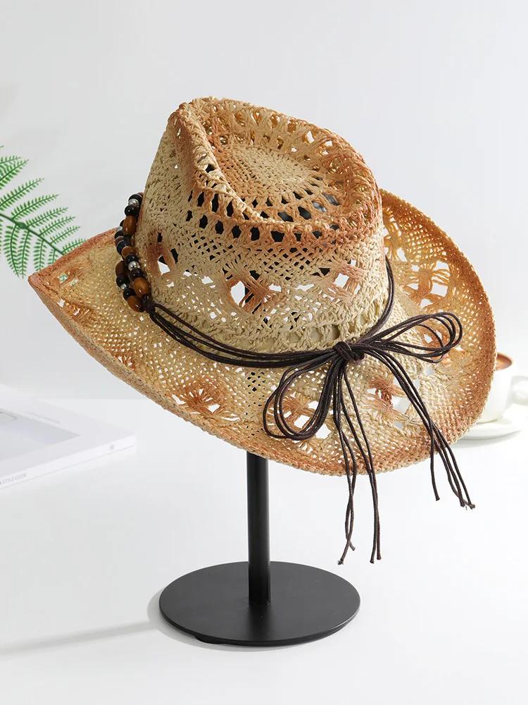 Straw Hat Women Men Summer Handmade Vintage Hollow Western Brim Sun Protection Fisherman Mountaineering Bohemian Chain Jewel