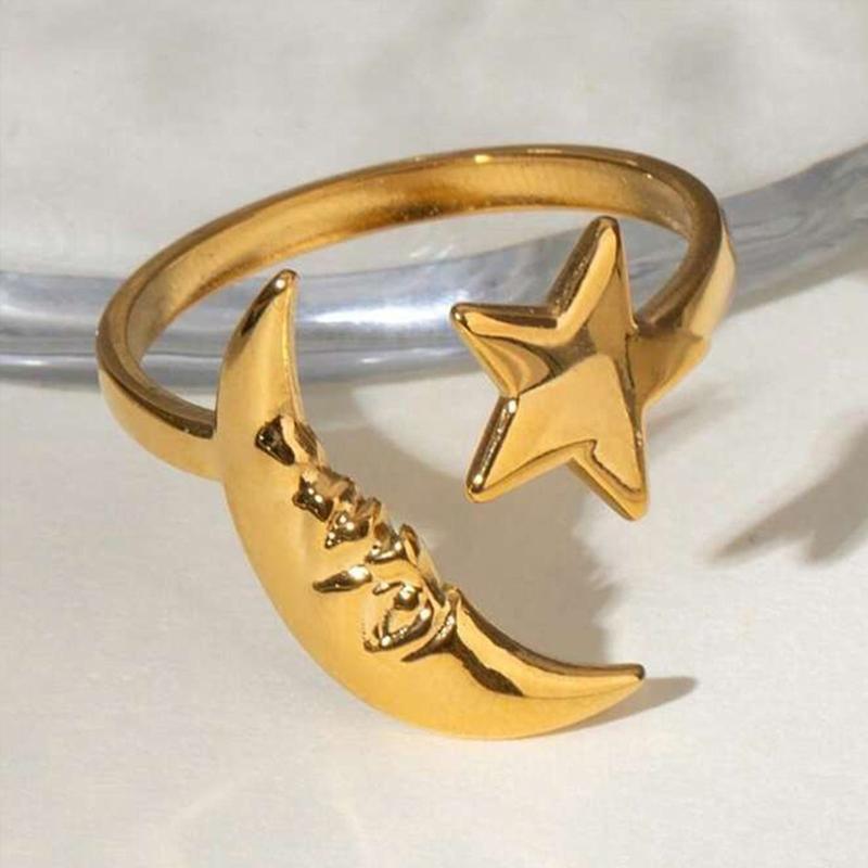 

Luxury Stainless Steel Ring for Women Design Gold Color Stars Moon Inlaid with Zircon Adjustable Stacked Rings Banquet Zircon