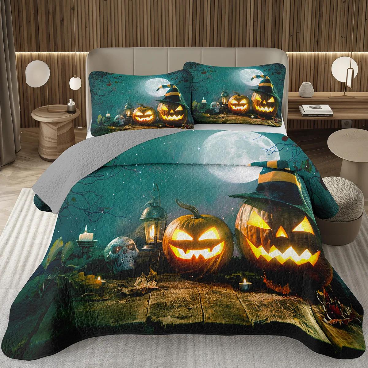 

Comforter Halloween Set Twin Queen Size Horror Pumpkin Lights Quilt Set For Boys Adult Room Decor Gothic Halloween Set Comforter (quilt)-EU Single(135*200cm)3pcs