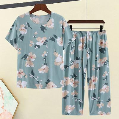 2 pezzi/set pigiama da donna di mezza età Set O collo stampa floreale manica corta vita elastica pieghettato allentato sottile gamba larga indumenti da notte morbidi