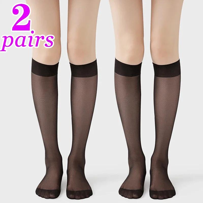 2pairs Lolita Summer Socks Silk Knee Socks Tube Jk Girls Long Sock White Black Half Sock Lolita Nylon Knee Transparent Stockings