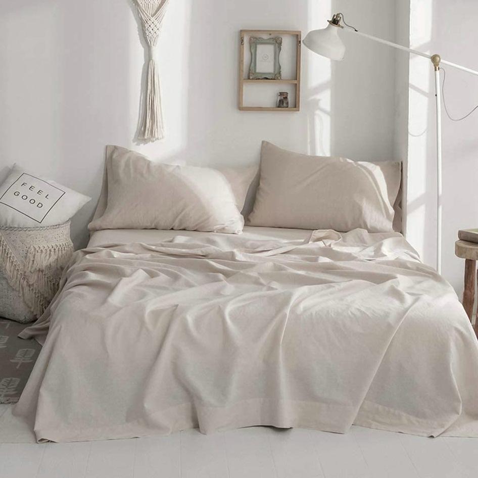 100% Linen Bed Sheet Set, High Quality Solid Color Fitted Sheet Set, Single Double Queen King Size Flat Sheet Set,Bedding White