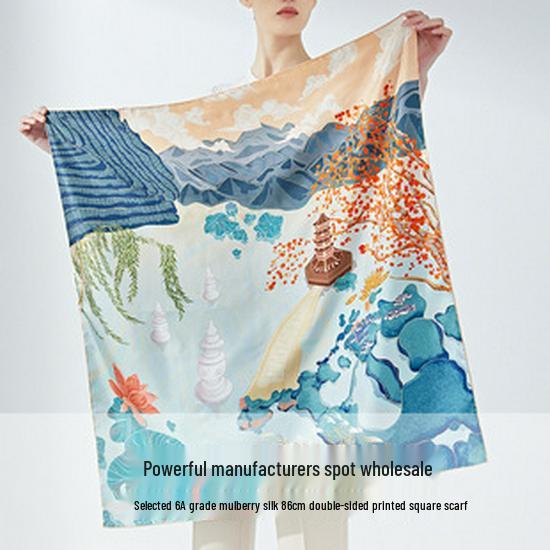 Daylily Chinese Style Mulberry Silk Scarf - Double-Sided 90cm Square with Creative Design