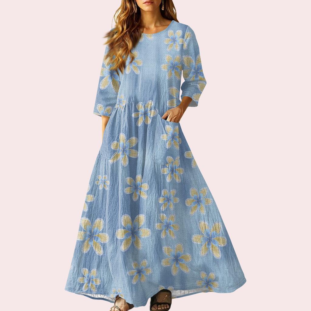 Dámské retro etnické lněné maxi šaty bez rukávů s výstřihem do V a stuhovou výšivkou