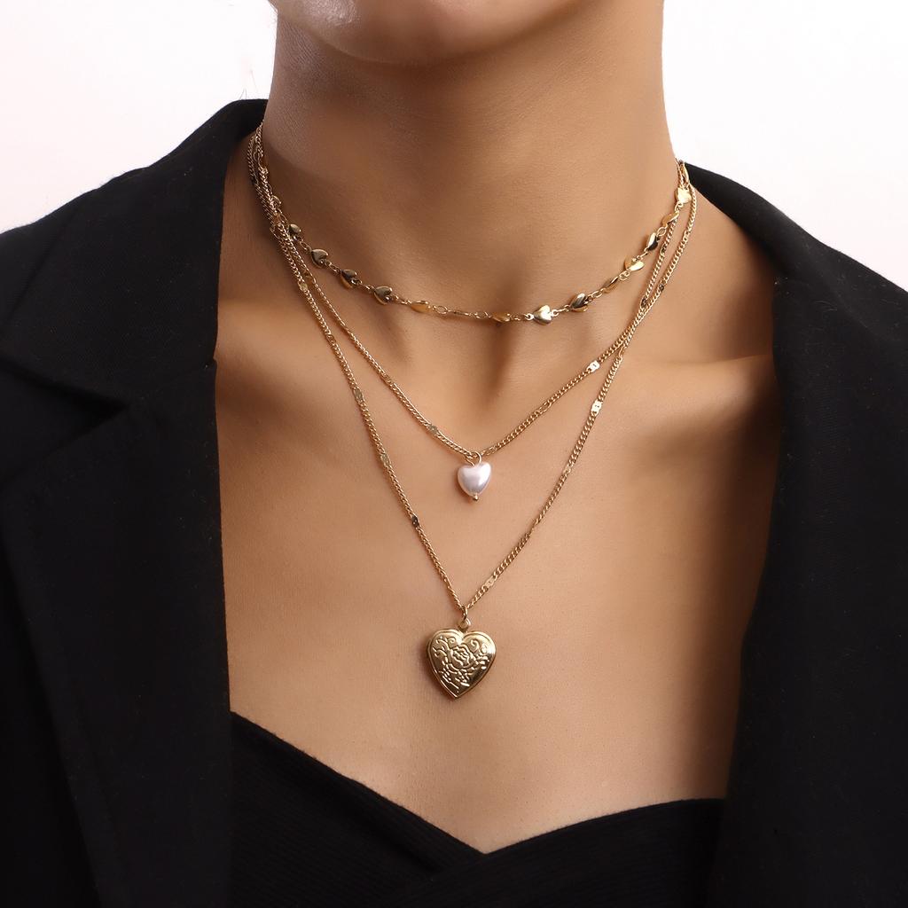 Temperament multi-layer love chain pearl can be opened peach heart pendant necklace female ins wind
