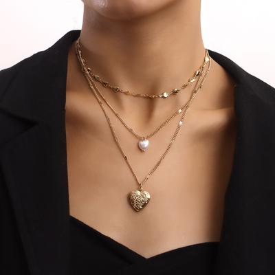 Temperament Multi-layer Love Chain Pearl Can Be Opened Peach Heart Pendant Necklace Female Ins Wind