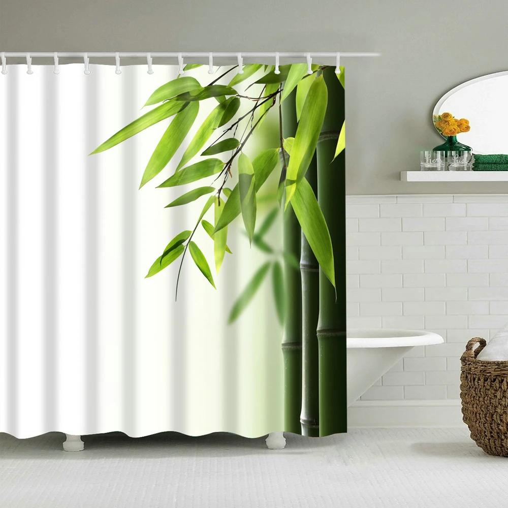Yellow Green Bamboo Lotus Shower Curtain Bathroom Curtains Plant Flower Natural Scenery Fabric Background Wall Decor Screen Hook