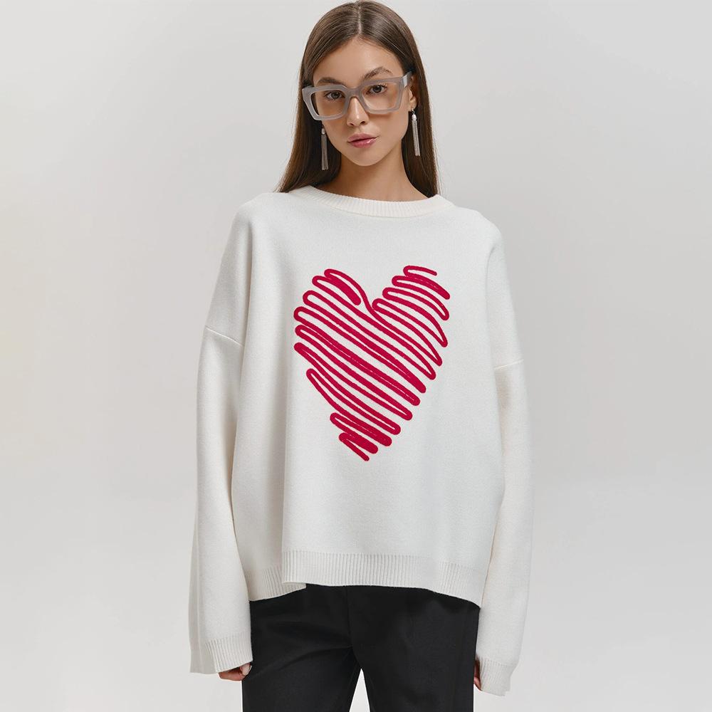 Red Love Sweater Autumn Lines Heart Sweater Round Collar Pullover Sweater Slimming Blend Office Comfortable Versatile Undercoat Long Sleeves Sweater