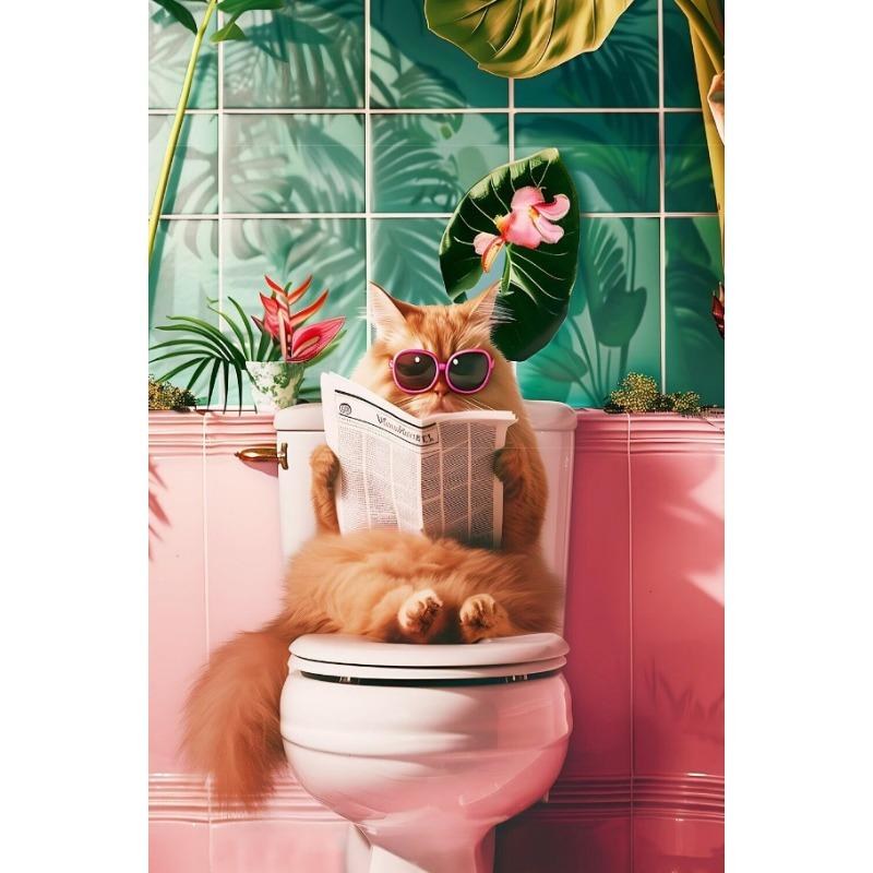 

Модная ванная комната Кошка какает, читает в туалете Картина на холсте с изображением животных Настенная живопись Печать на холсте Ванная комната Домашний туалет Декор 21cm×30cm NoFrame
