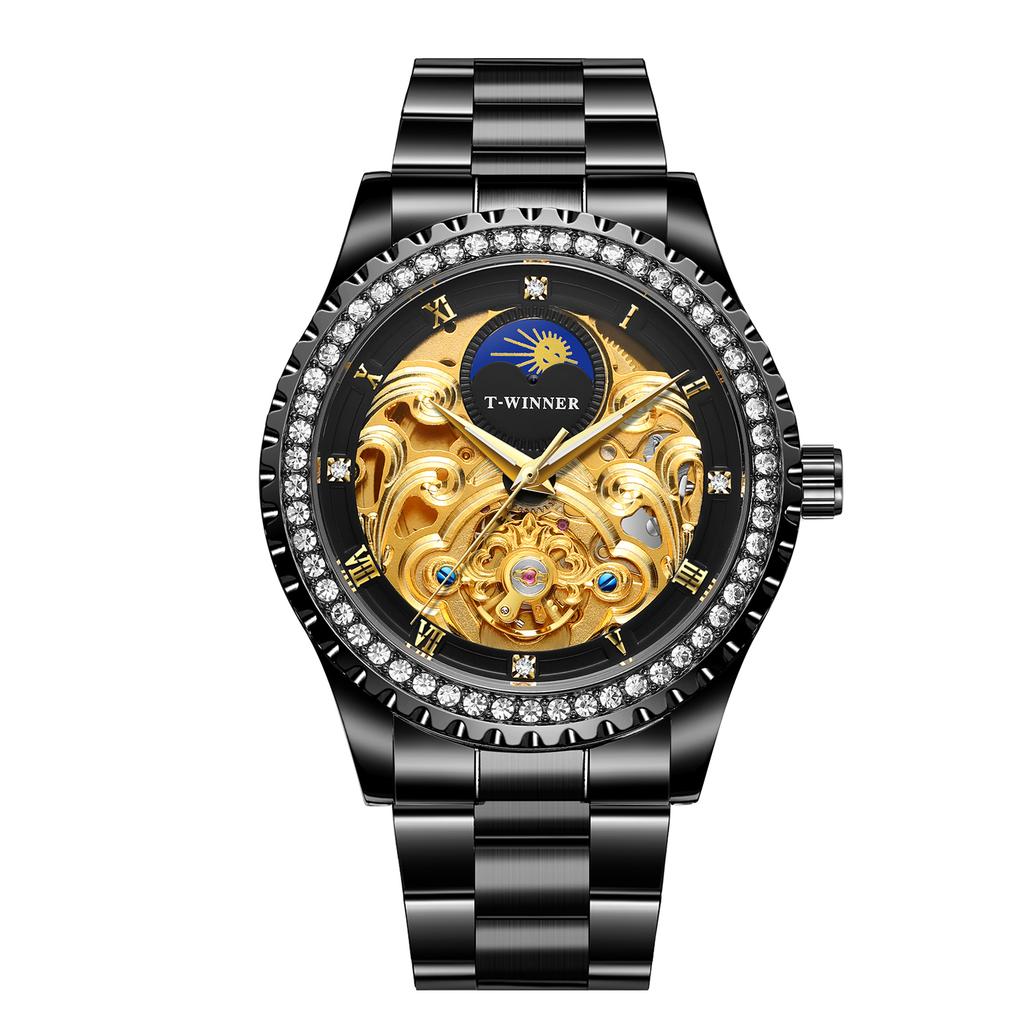 Luxury Men's Gold Case Mechanical Watch with Moon Phase Stainless Steel Strap Waterproof Automatic Wristwatch for Male Fashion