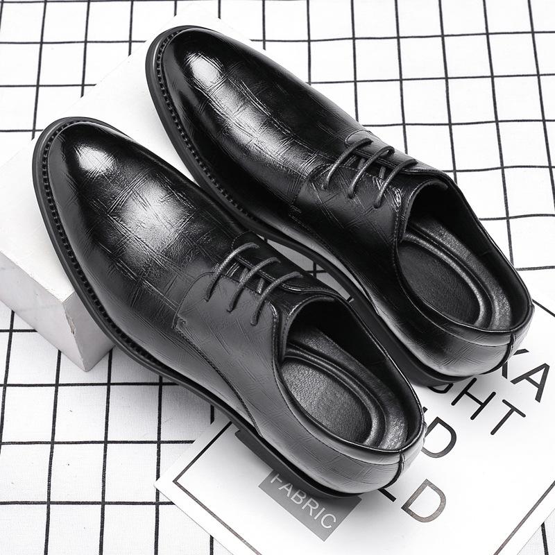 Leather shoes men's genuine leather business dress shoes British men's invisible inner height increase Derby shoes pointed embossed versatile trendy s