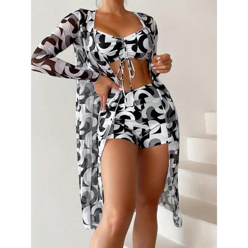 3-Delige Sexy Bedrukte Bikini's Dames Hoge Taille Zwempak Cover-up Zwemkleding Vrouwelijke Dame Badpak Zwemmen Zomer Strandkleding