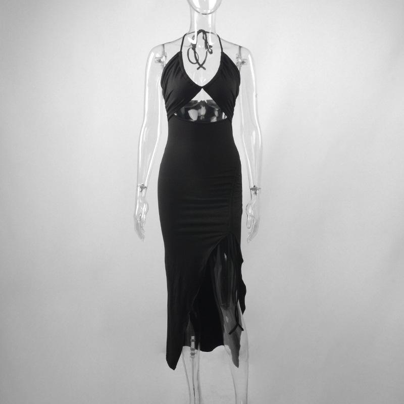 Letní sexy šaty pro ženy bez rukávů s odhalenými zády s výřezy společenské šaty módní šněrovací halterové bodycon elegantní šaty s rozparkem