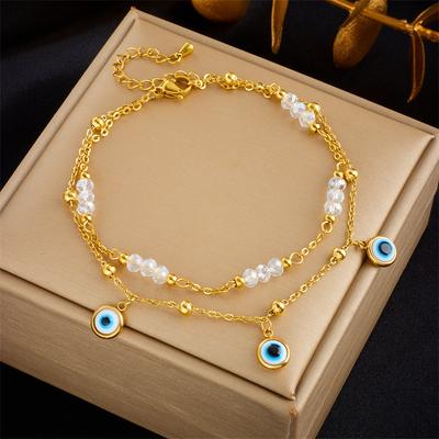 Gold Evil Eye Crystal Layered Anklet