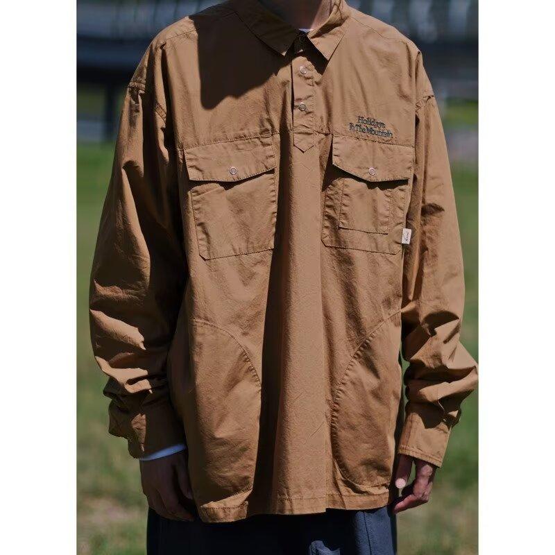 Pullover Pullover Retro Einfaches Buchstabenbesticktes Hemd Langarm Revers Mehrfach-Taschen Freizeit-Hemd Frühling und Herbst Mantel