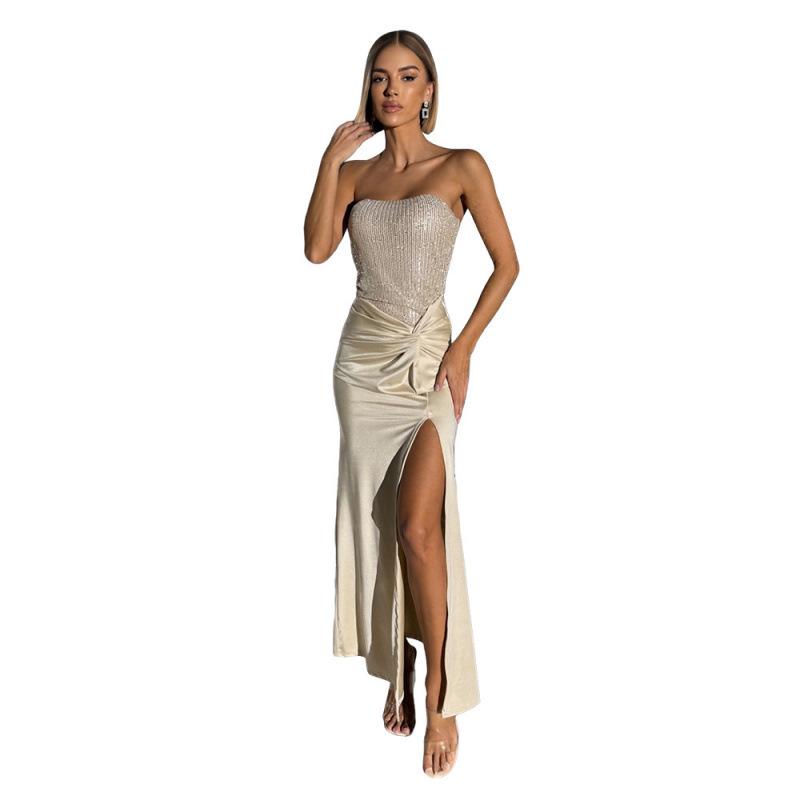 Temperament tube top high split sequined dress, bead splicing double-sided inner long dress women's vacation dress
