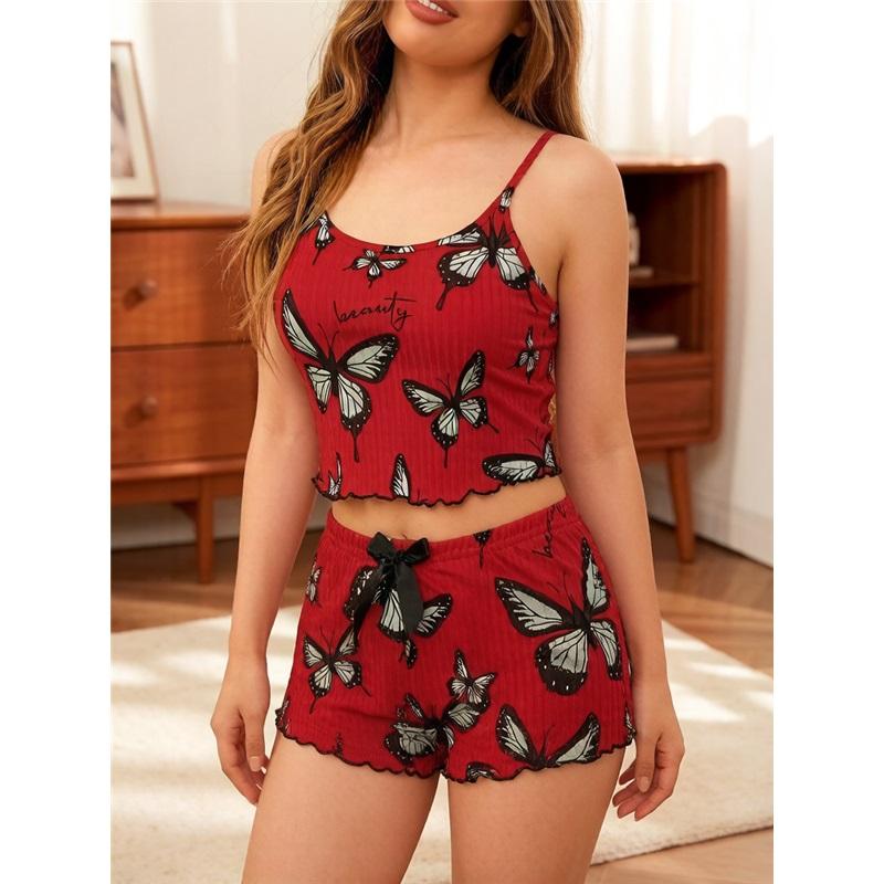 Women's Butterfly Print 2-Piece Loungewear Cami Top & Shorts Pajama Set Soft Milk Silk Sleepwear