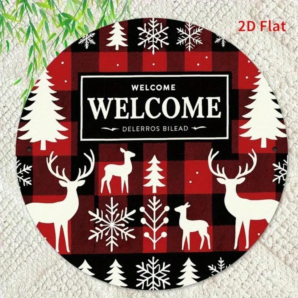2D Flat Metal Sign Round Holiday Decoration Welcome Christmas