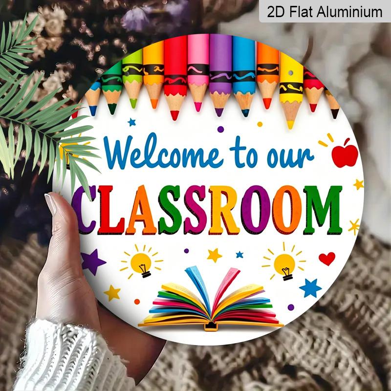 2D Plat Hangend Ornament, 1 stuks Yanlin Welkom op Onze Klaslokaaldeur - Kleurrijke Kleurpotlood En Schooldecoratie, Met Letters, Sterren En Licht