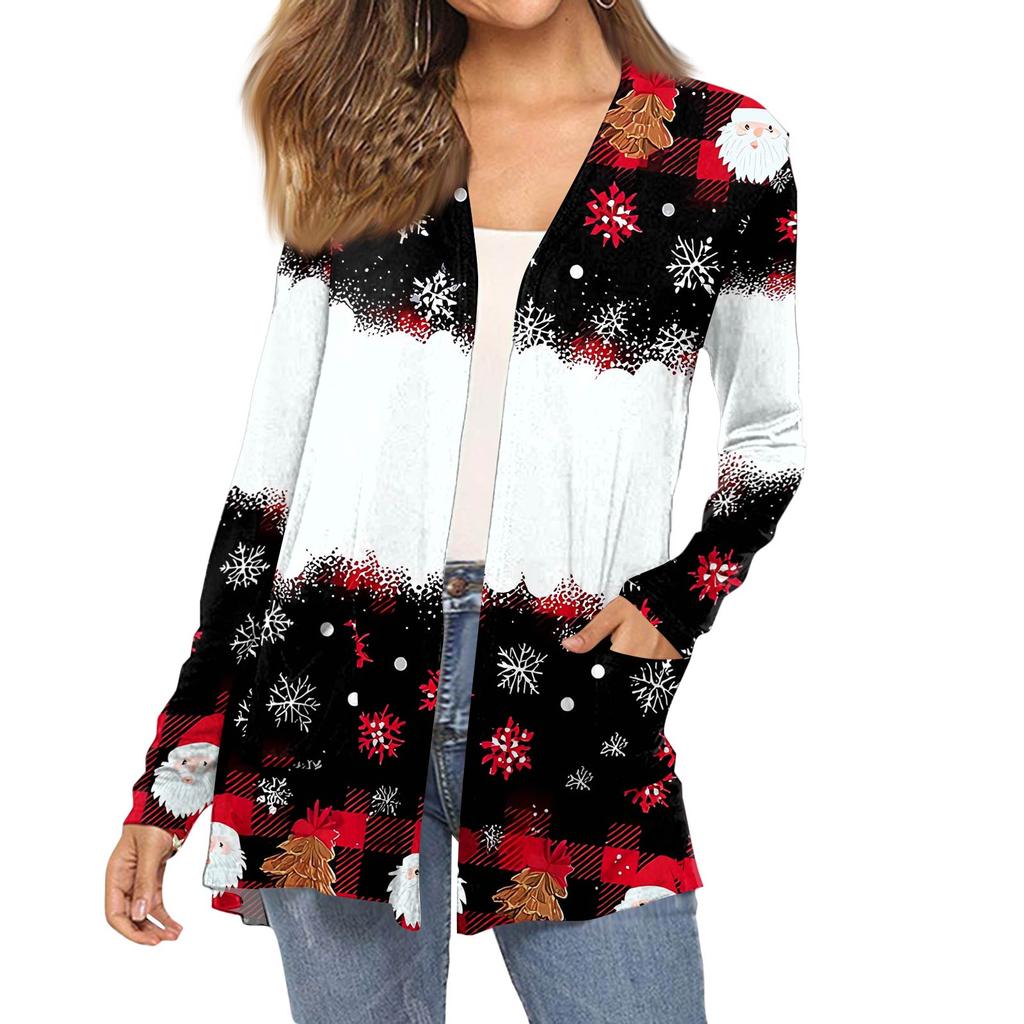 Dámský módní vánoční potisk dlouhý rukáv kapsy slim fit kardigan kabát