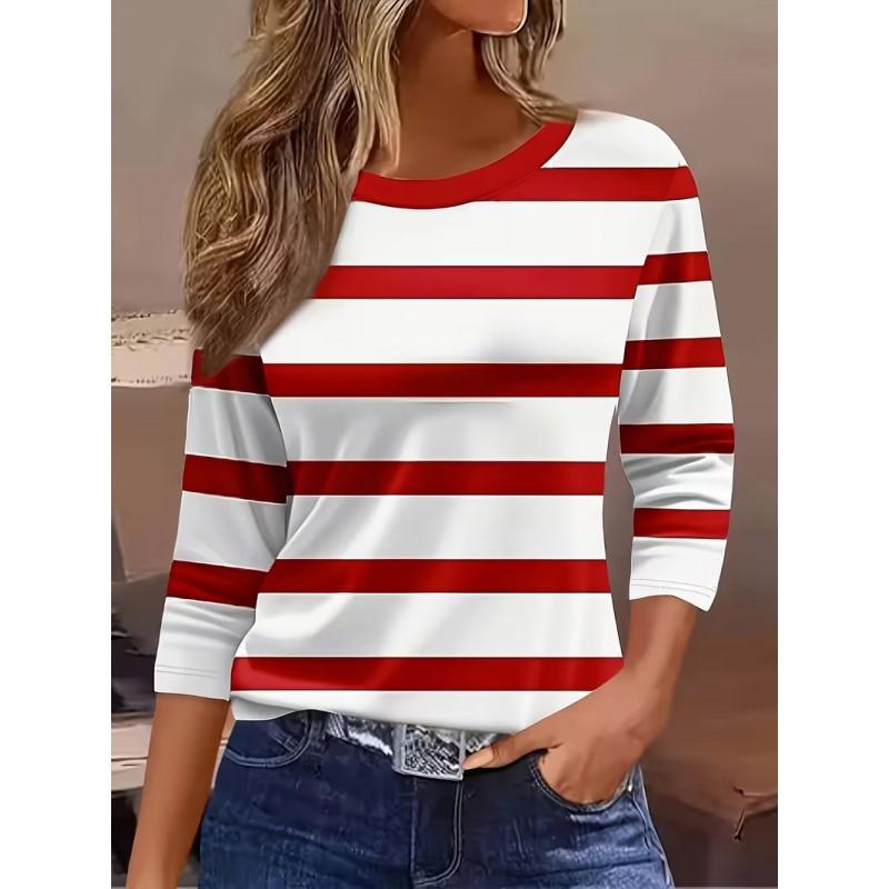Color Block Striped Crew Neck Long Sleeve T-Shirt Slim Fit Casual Top Daily Wear