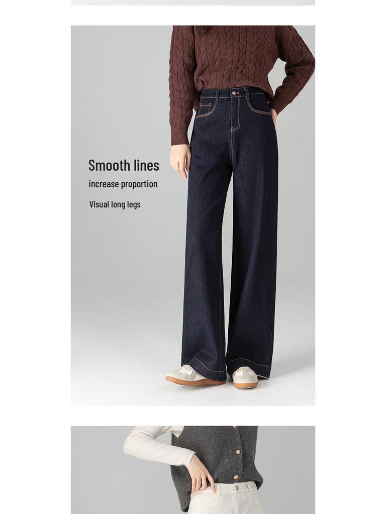 Women's Classic High-Waisted Denim Blue Wide-Leg Pants - Slim Fit, New Autumn Style, Figure-Flattering and Simple Design In White.