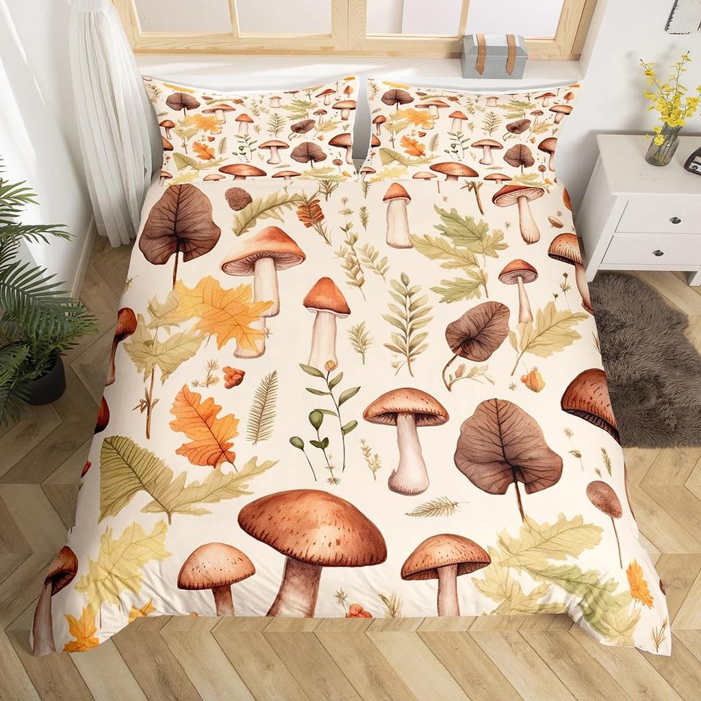 Comforter Wild Mushroom Bedding Set King Queen Cute Mushrooms Comforter Kawaii Fungus Cartoon Plant Leaves
