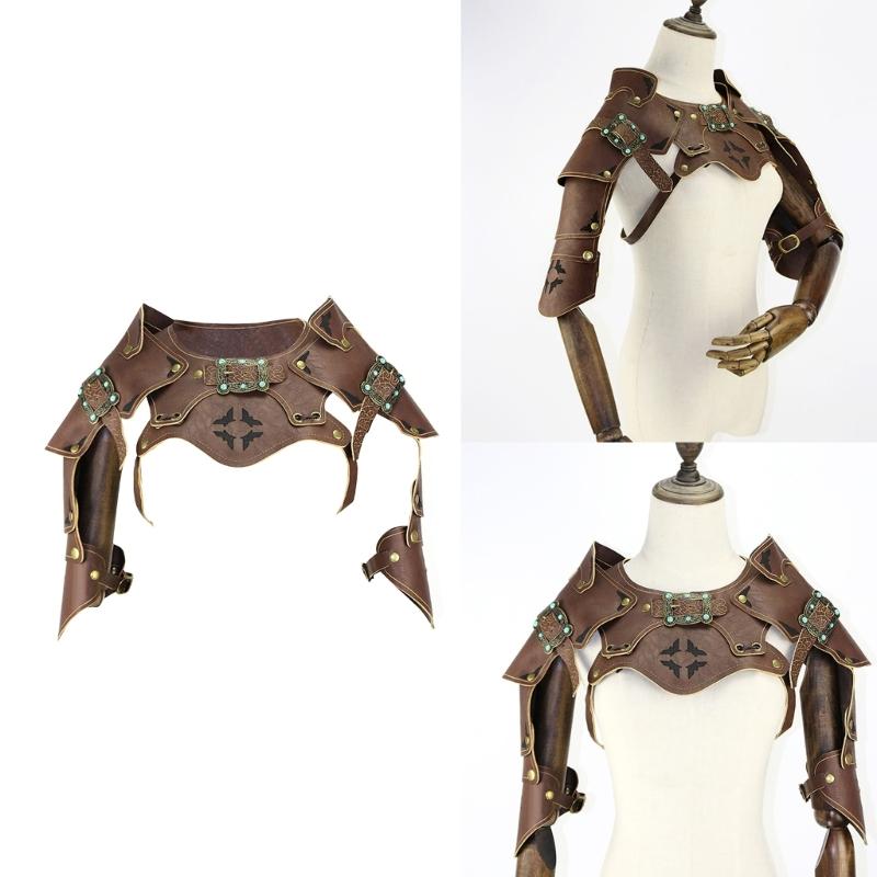 Medieval Faux PU Leathers Costume Armour Halloween Cosplay Warrior Armors Shoulder Armour, Double Shoulder Guard Harness