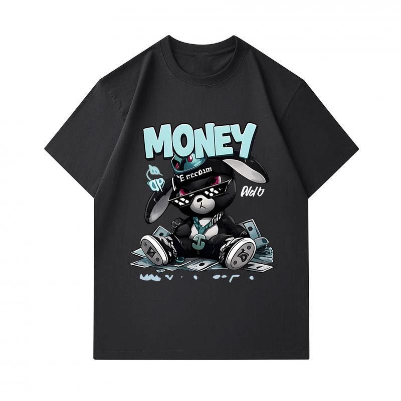 Men's 100% Cotton Crew Neck Short Sleeve T-Shirt, Cool Hip Hop Black Bunny Money Graphic Print Casual Comfortable Streetwear Tee for Daily Wear