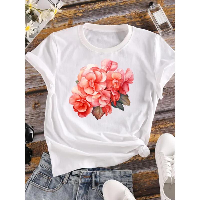 (European Size) 90s Women Flower Watercolor Trend Cute Short Sleeve Fashion Tee Top Clothing Print Lady Casual T-shirt Female Graphic T-shirts