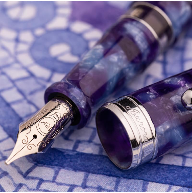 Aurora Fountain Limited Edition of 888 Mysterious Baia Di Deep Violet Blue 18K Piston Bold Size B Pen, Pieces, "Italian Journey Napoli," & CT, Gold,