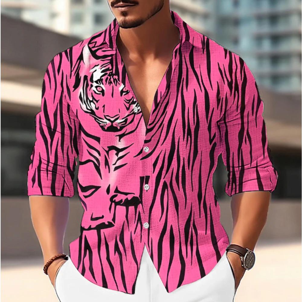 Men's Tiger Printed Long Sleeve Shirts Casual Cardigan New Button Holiday Fashion Shirts