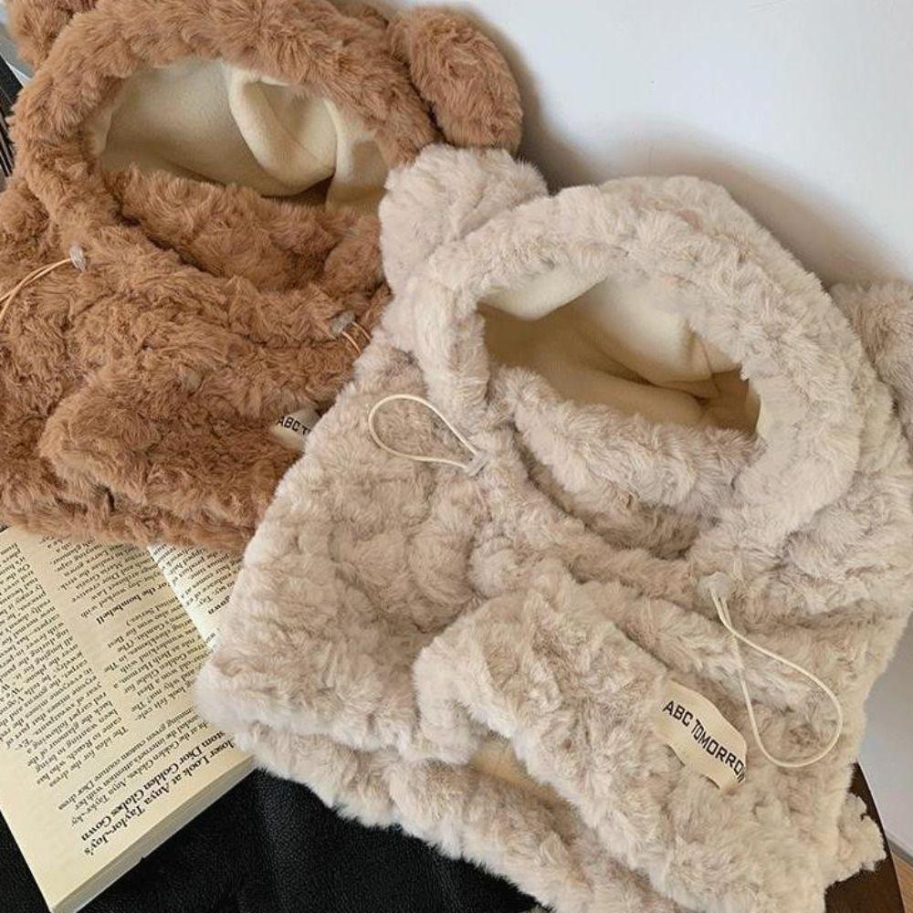 Plush Bear Ears Beanies Hat Thickened Mask Skullies Set Hooded Scarf Pullover Hat  Female/Girls