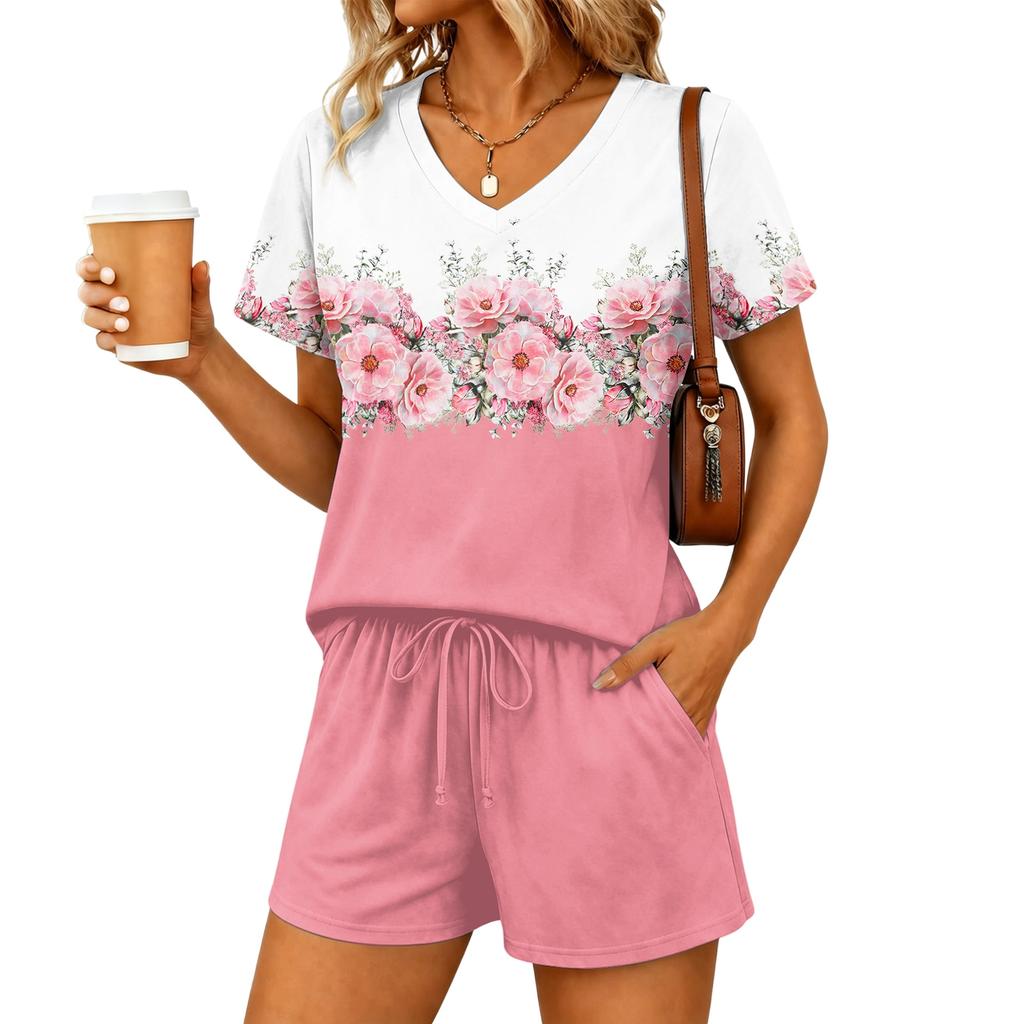 Women Two Piece Set V Neck Short Sleeve Top with Floral Print and Elastic Waist Drawstring Shorts Casual Lounge Wear