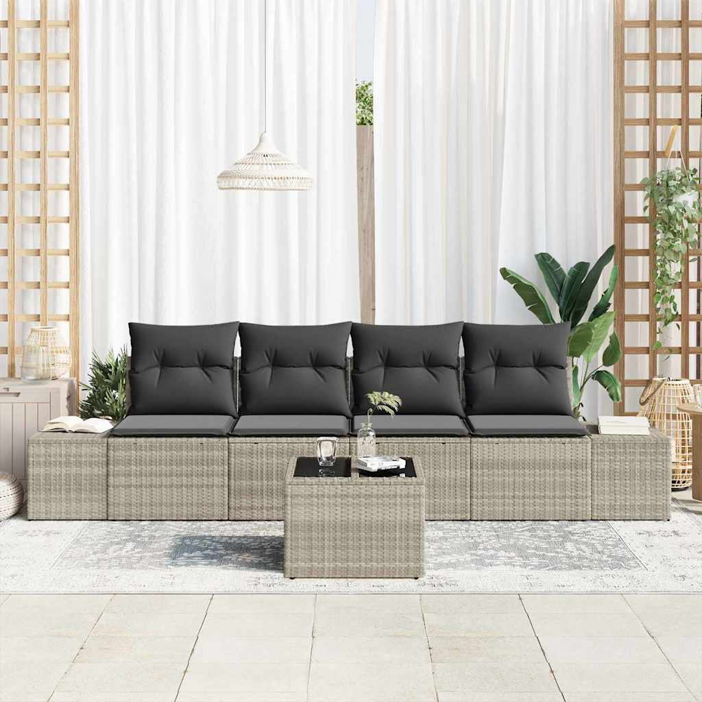 5 Piece Sofa Set with Cushions Light Grey Poly Rattan