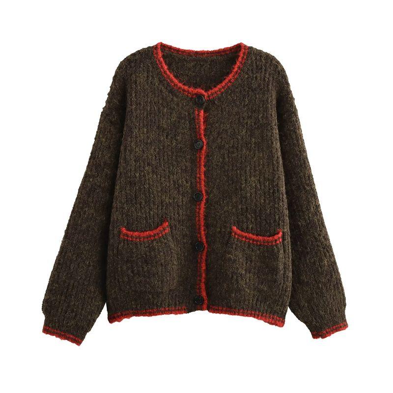 Kaslead New Arrival Women's Clothing Fashion Style Minimalist Retro Color-Block Crew Neck Knitting Cardigan Outerwear Top