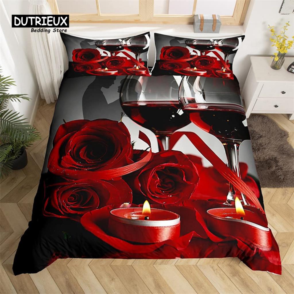 Red Rose Duvet Cover Twin King Romantic Theme Floral Bedding Set Microfiber Love Heart Flowers Quilt Cover For Girl Teen Wedding