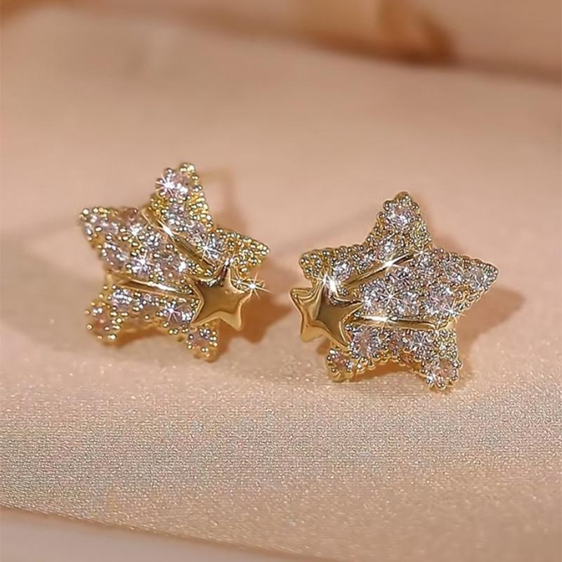 Creative design inlaid full diamonds star earings stud light luxury and high-end earrings for women suitable for daily