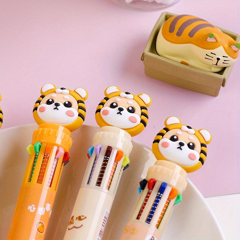 10pcs 0.5mm Cute Little Tiger Ten-color Ballpoint Pen Hand Account Marker Pen 10 Color Cartoon Head Press Ballpoint Pen Graffiti Pen