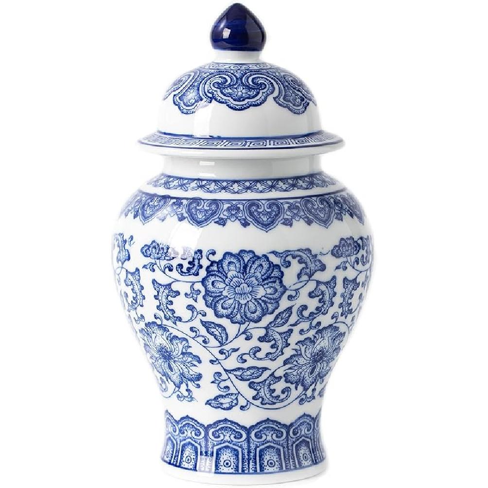 Blue and White Ginger Jar, Ceramic Chinoiserie Decorative Jars for Home, Office, Flower Vase Pocelain, Glossy Vase for Table, Living Room, Bookshelf, 9.8”
