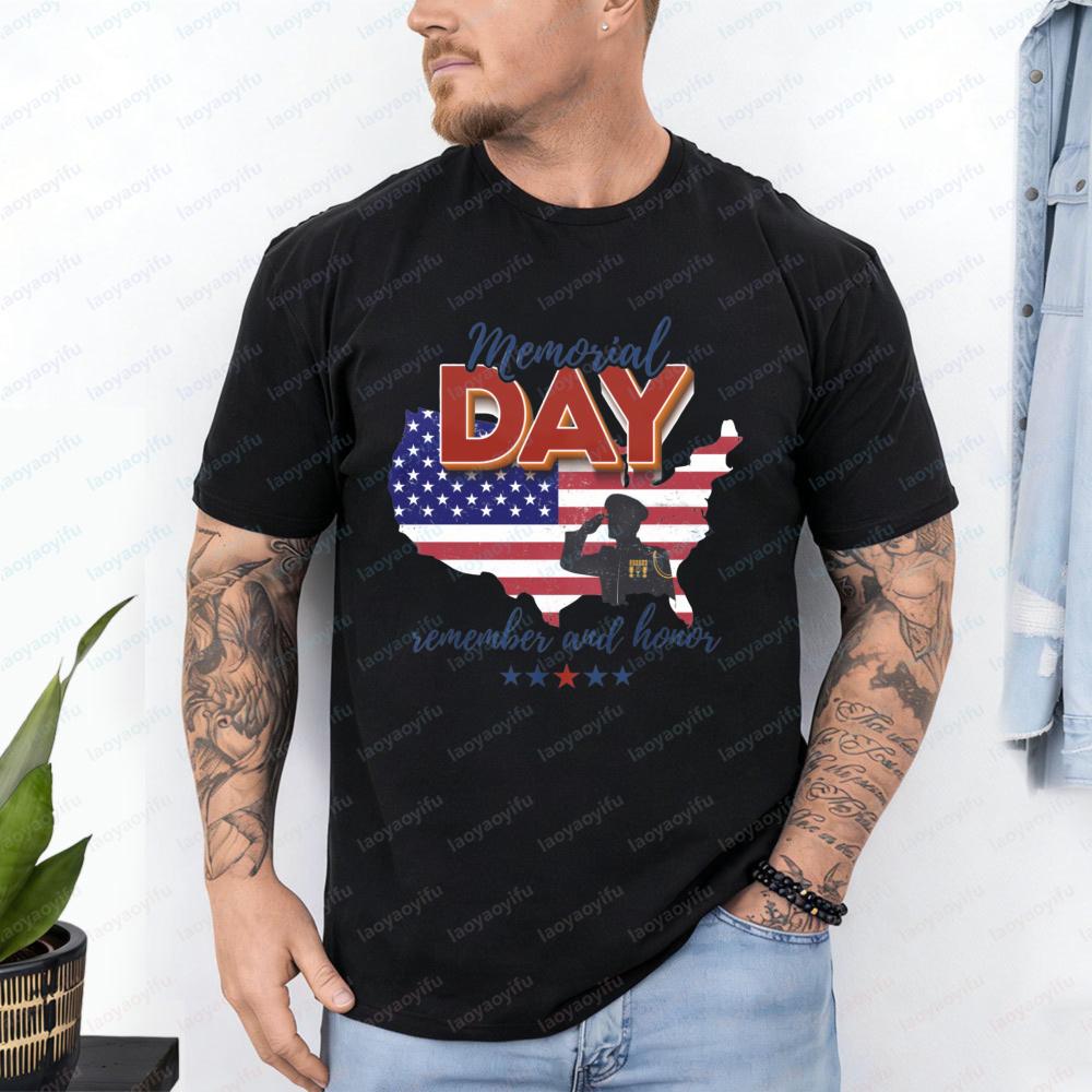 Memorial Day TShirt Remember and Honor Salute Soldier Patriotic Casual Cotton Tee Festival Vintage Trend Classic Mens Clothing