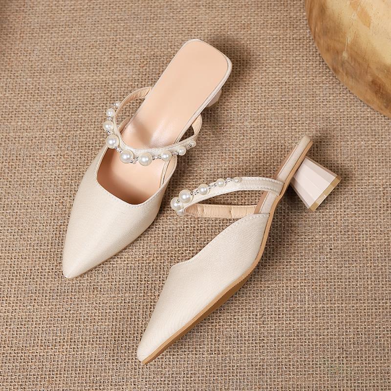 French Style Women's Mules Half Covered Head Slip-On Shoes Elegant Ladywear Outdoor Ladies Single Shoes Silk Upper Rubber Sole