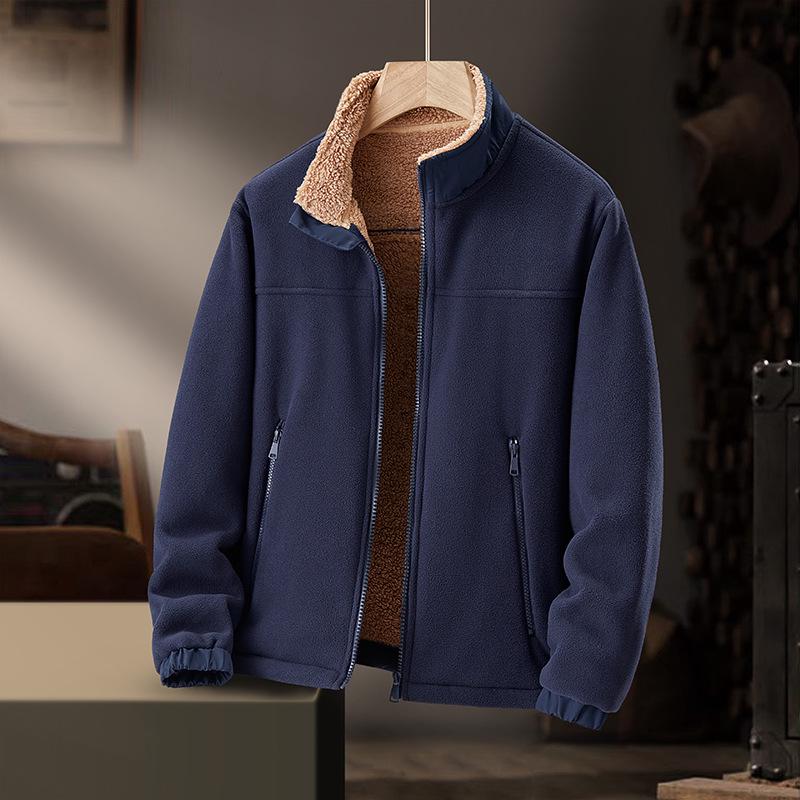 2025 Men's Stand Collar Fleece Jacket for Autumn/Winter - Solid Color, Extra Warmth, Ideal for Middle-aged and Elderly