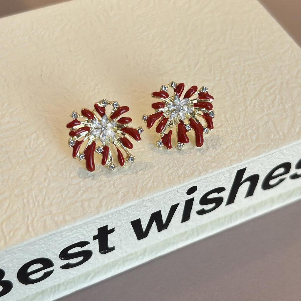 Ankara Red Festive Rhinestone Fireworks Stud Earrings in 925 Sterling Silver