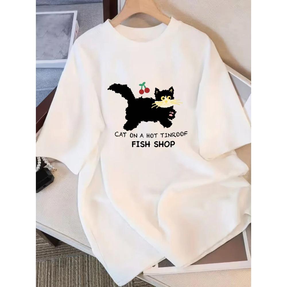 Trendy Cartoon Fish Korean Letter Print Casual White Short Sleeve T-Shirt Loose Fit Inspirational Quote Tee
