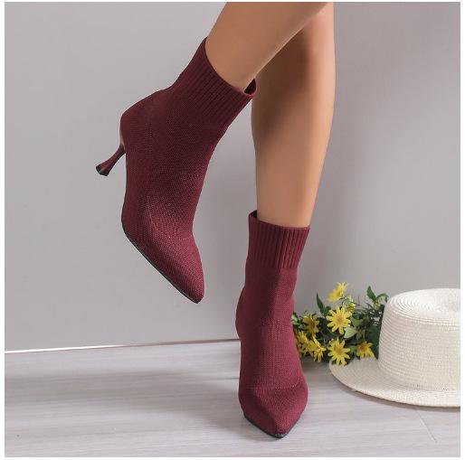 Fashion Women Boots Short High Heels Shoes for Women 2024 Autumn Winter Knitted Ankle Boots Woman Thin High Heels Sock Boots Botas Mujer