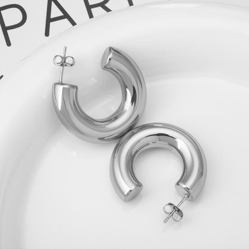 Fashion Thick Round C Shape Chunky Hoop Earrings Women Glossy Circle Gold  Color Steel Needle Stud Huggie Earrings Jewelry