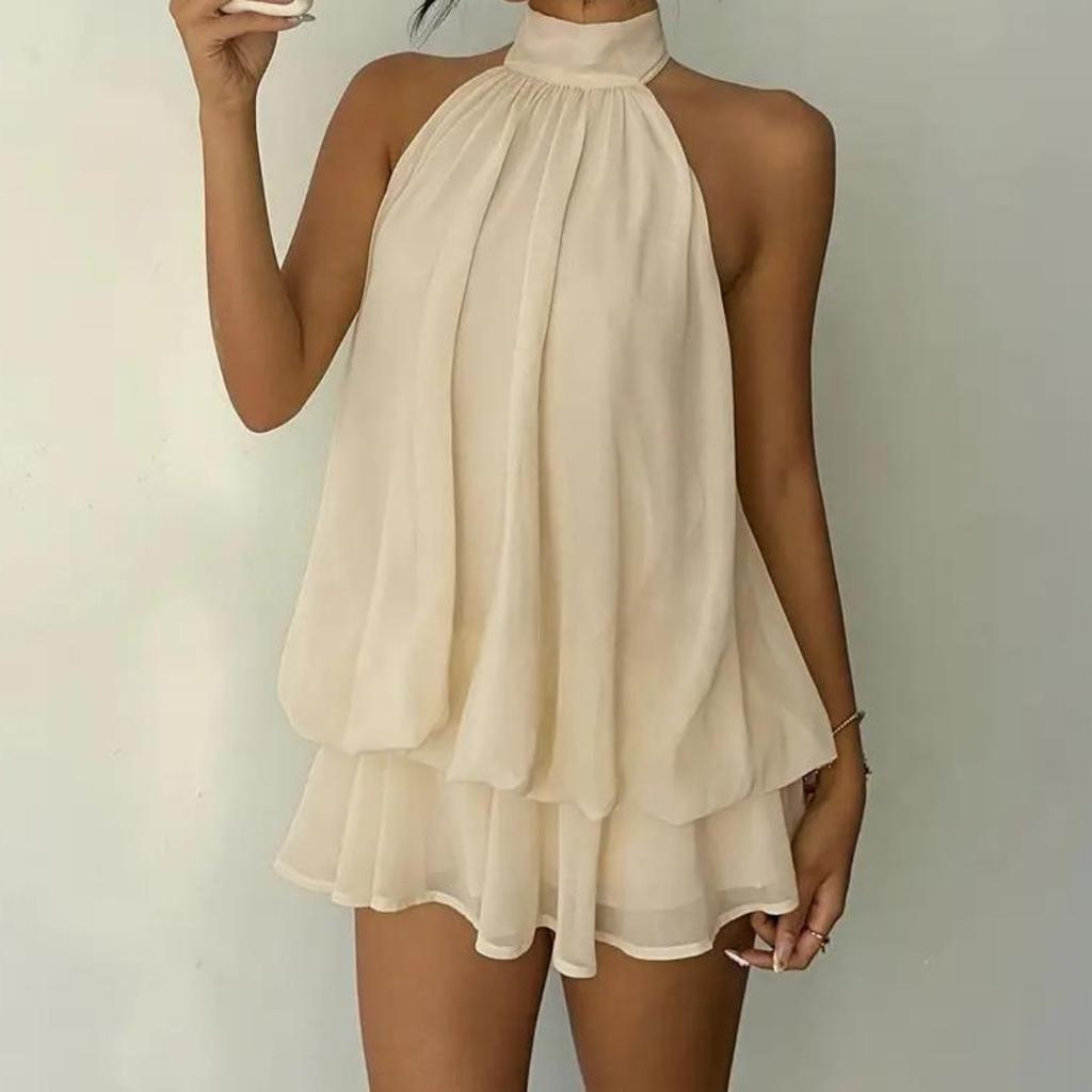 Mini Abito da Donna Scollo all'Americana Senza Maniche Slim Monocolore Dolce Vacanza Stratificato Chiffon Festa Abito da Sole