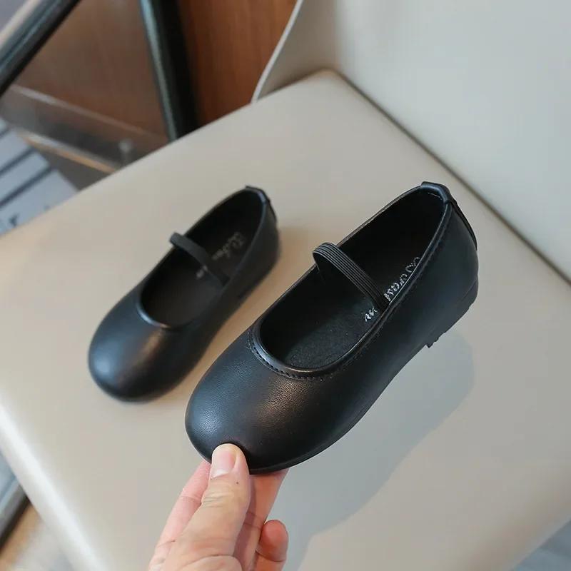 

Детские кожаные туфли с круглым носком, простые балетки для девочек, модные универсальные детские повседневные туфли принцессы, мягкие, дышащие 26 чёрный