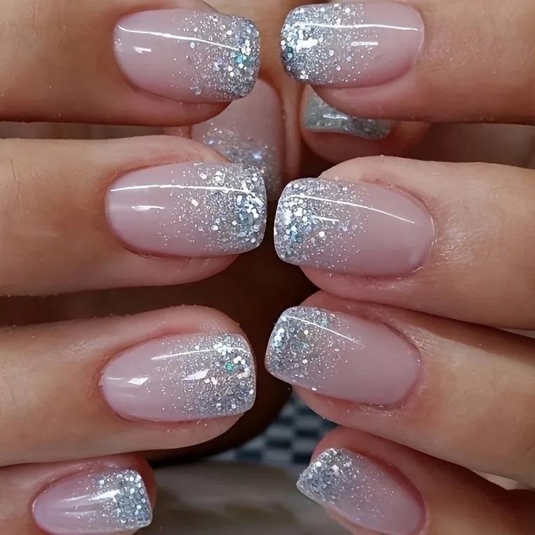 Нюдовые Розовые Серебристые Блестящие Накладные Ногти, Короткие Квадратные Накладные Ногти, Омбре Сверкающие Съемные Элегантные Накладные Кончики Ногтей United States